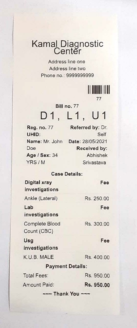 Sample thermal printer bill